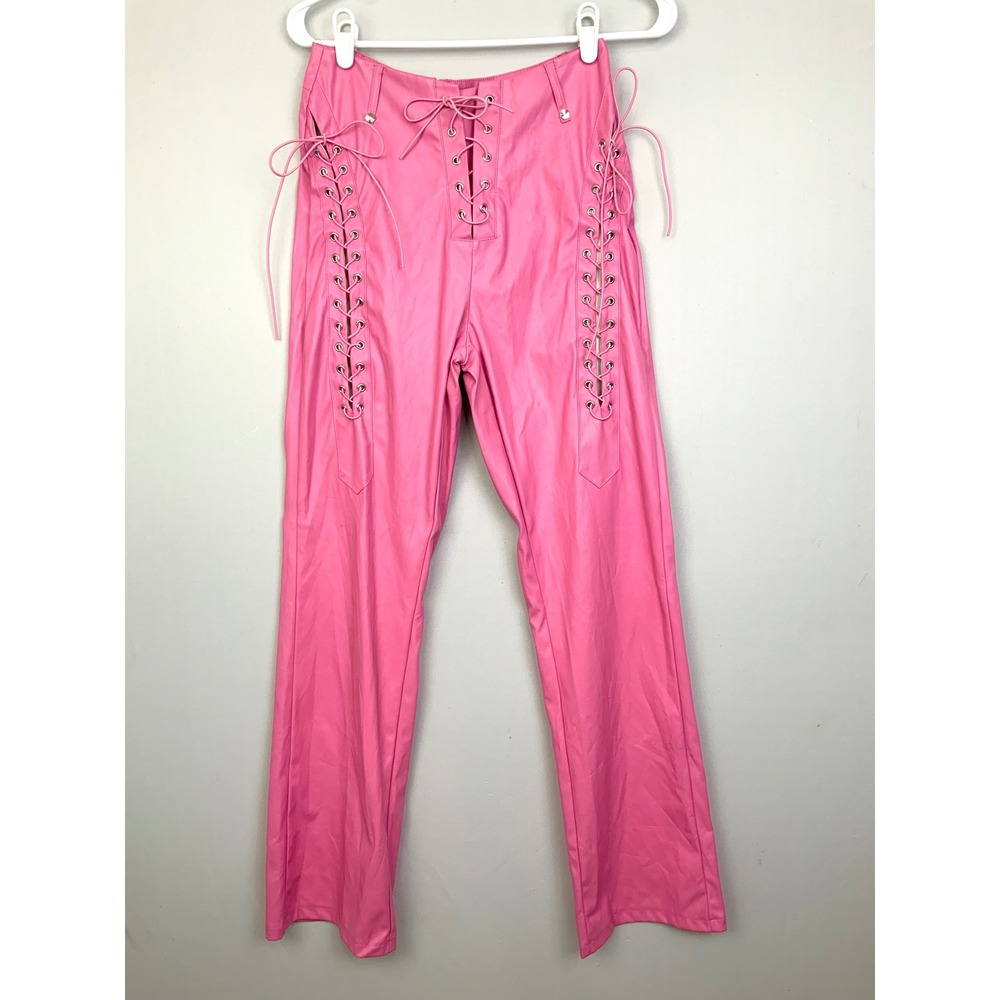 Bubble Gum Pink Faux Leather Lace Up Bootcut Pants Sexy Suki Fast Furious Medium